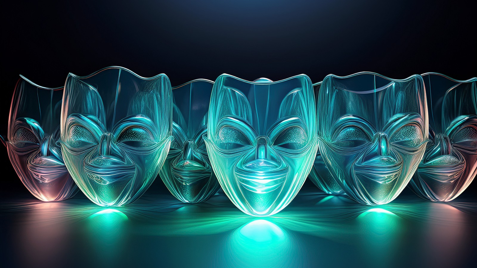 Abstract art of a horizontal row of identical hollow translucent glass masks glowing mint green and periwinkle blue in dark navy space.