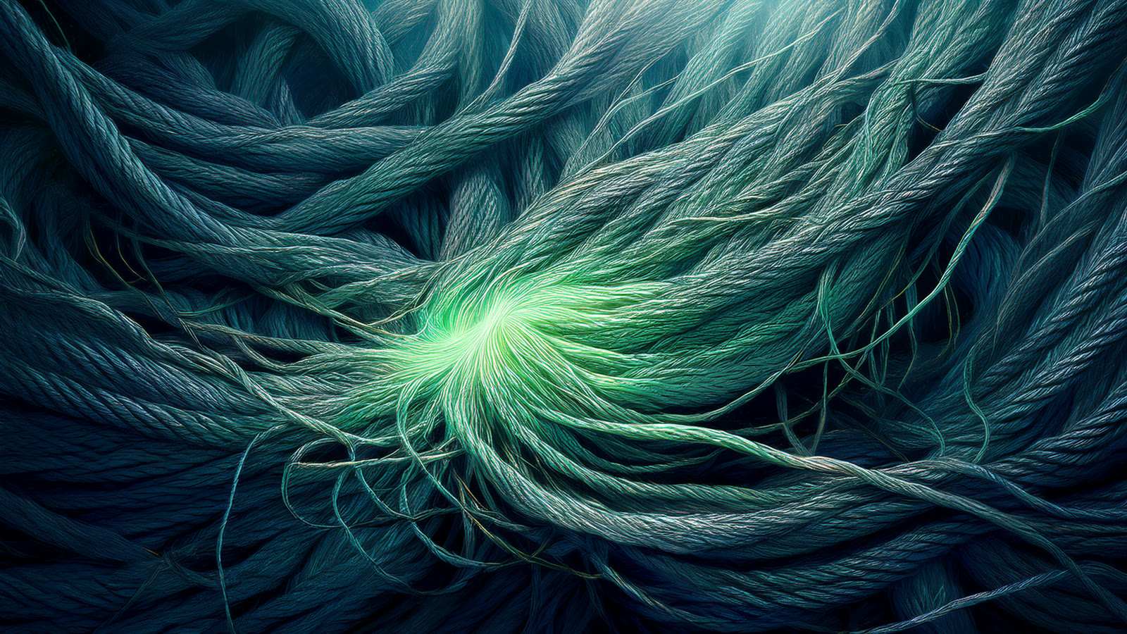Abstract art of a single glowing mint-green thread pulled taut and bright out of a loose tangle of dim blue-gray threads.