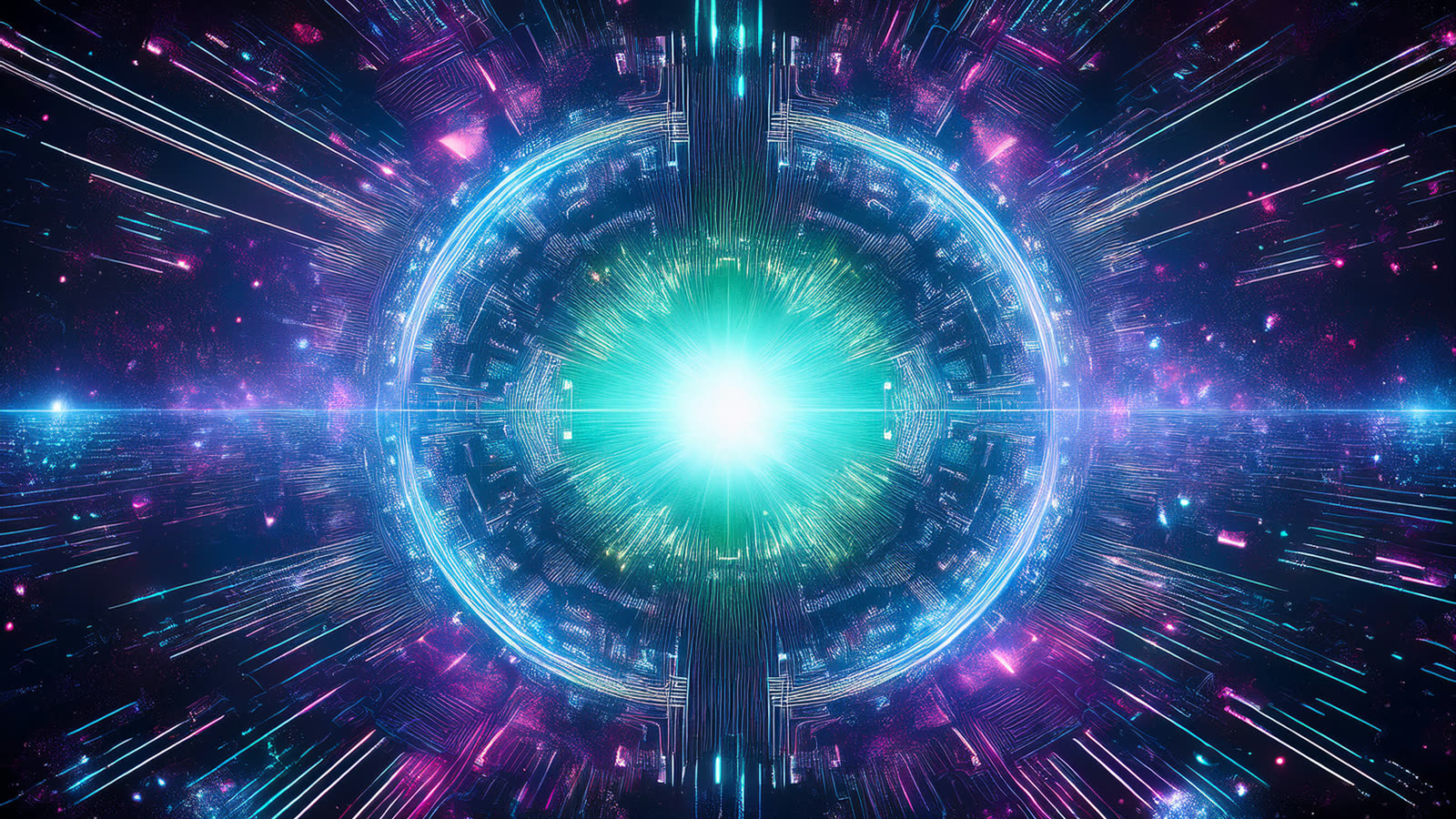 Abstract art of a blinding singularity core of pure light surrounded by orbiting rings of glowing data fragments.