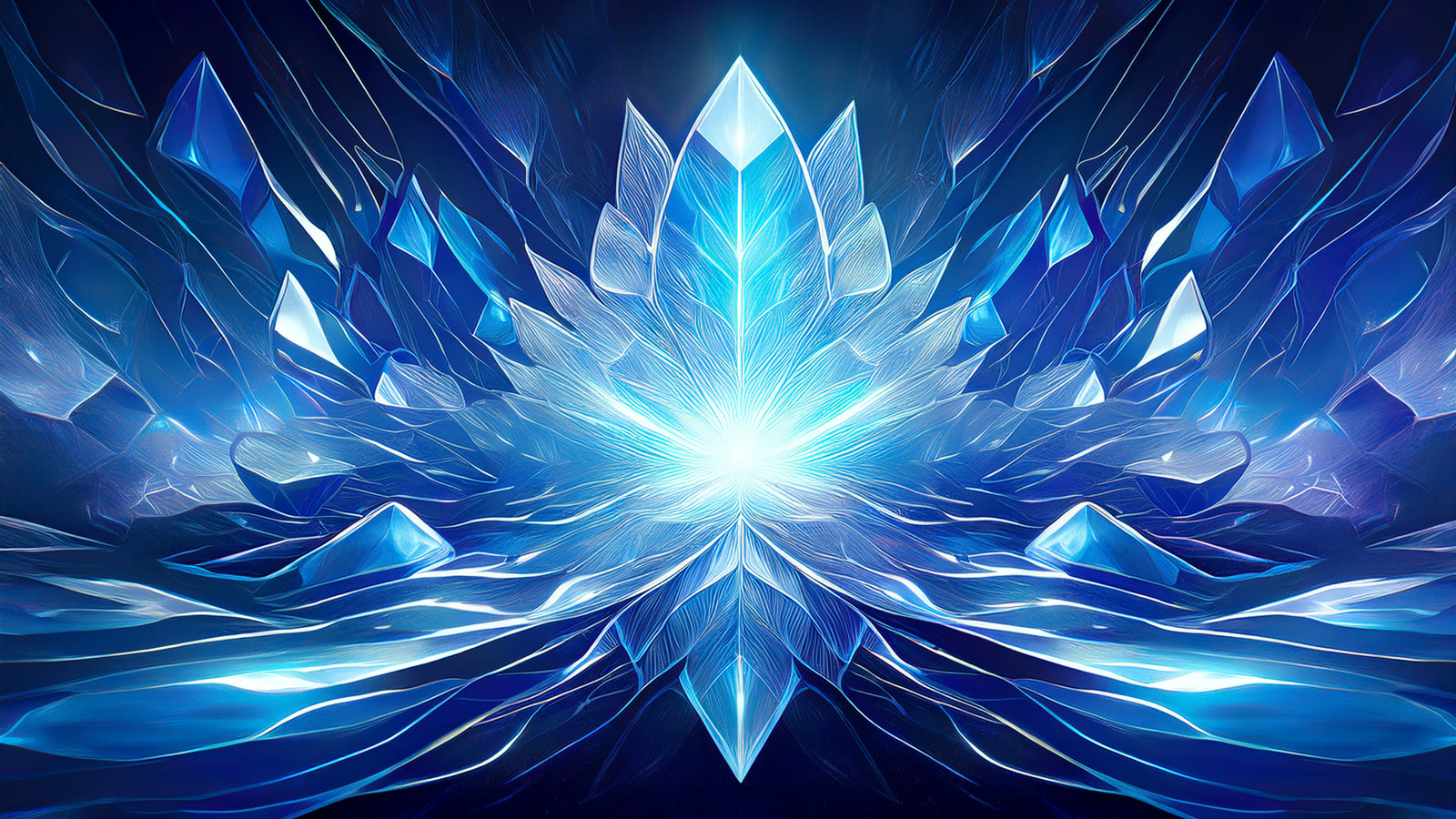 Abstract art of a glowing blue crystalline form radiating light outward in calm concentric waves.