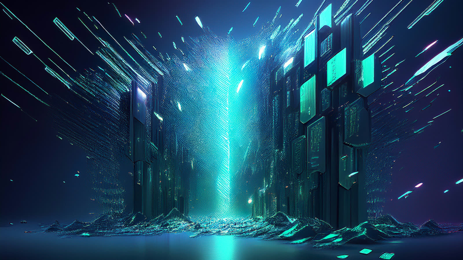 Abstract art of a wall of falling glowing glyphs shattering into fragments of light mid-air.