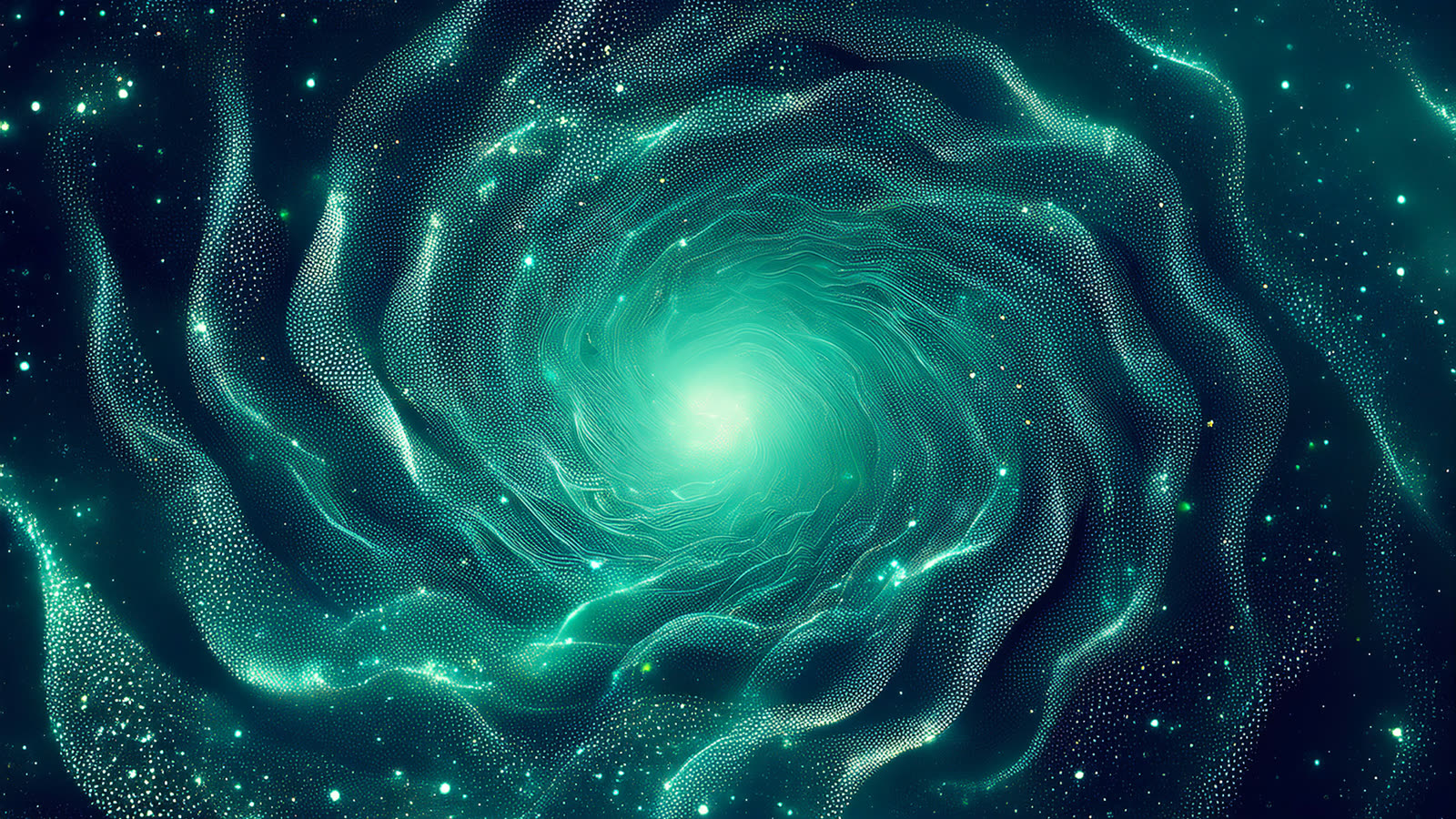 Abstract art of thousands of glowing particles swirling inward and converging into one bright mint-green core.