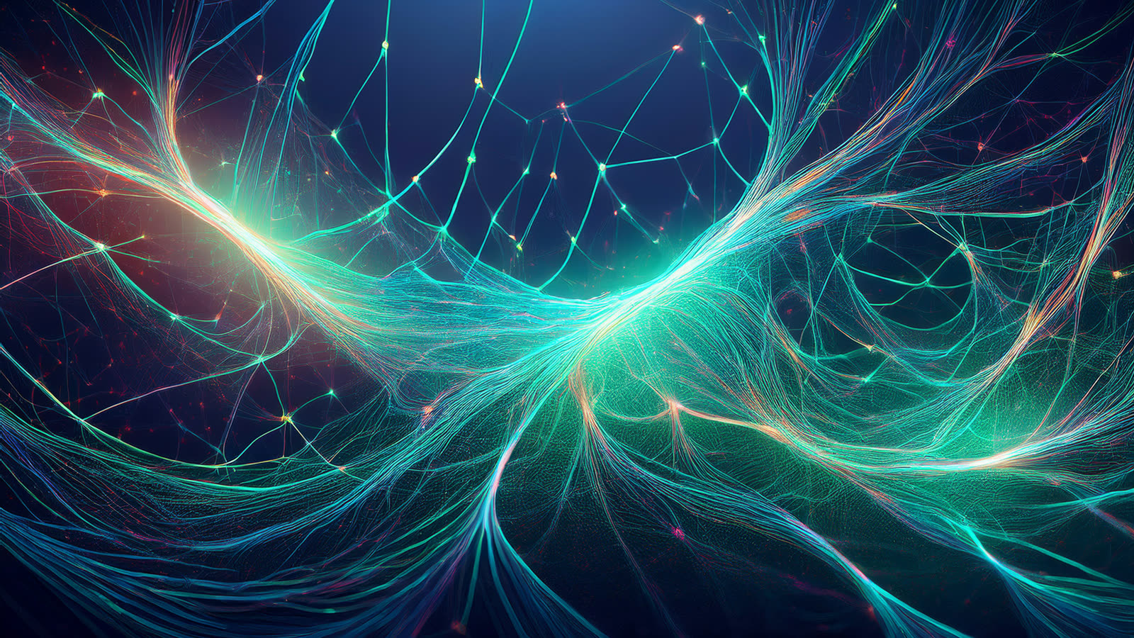 Abstract art of an organic web of fine glowing threads branching separately through deep space, shifting between periwinkle blue and mint green.