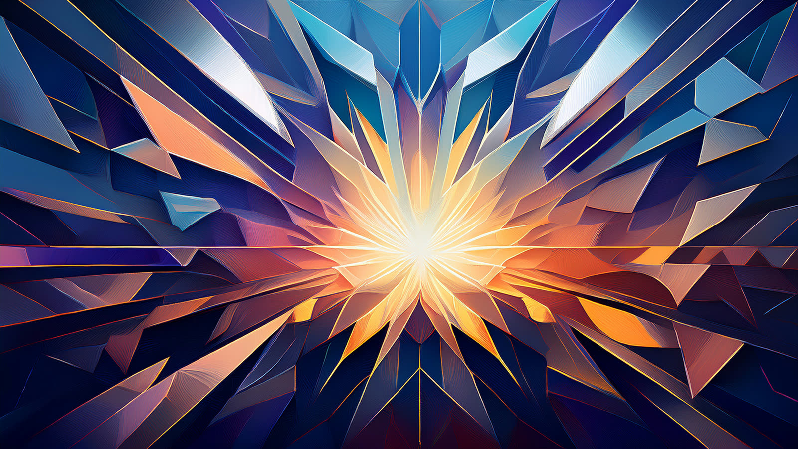 Abstract art of a warm gradient burst of light breaking through fragmented dark geometric shapes like a sunrise.