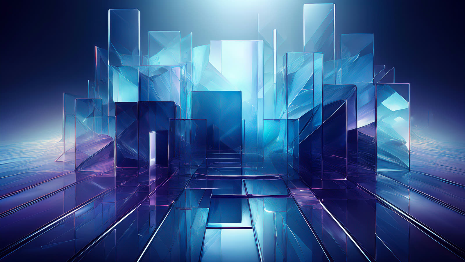 Abstract art of several translucent glass panels floating and overlapping in deep space, catching rim light.