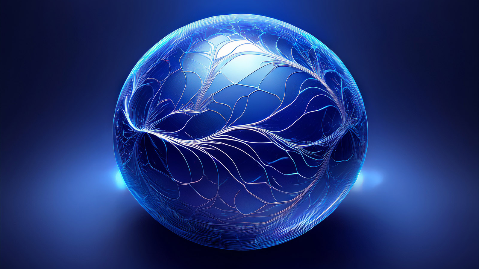 Abstract art of a smooth glowing blue orb with fine hairline cracks quietly forming across its surface.