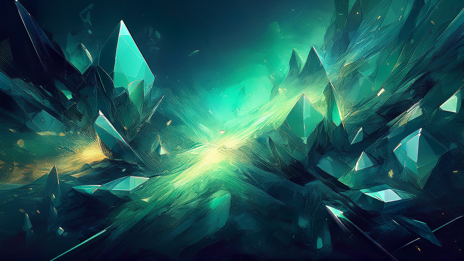 Abstract art of scattered chaotic fragments of light resolving into a precise glowing crystalline lattice.