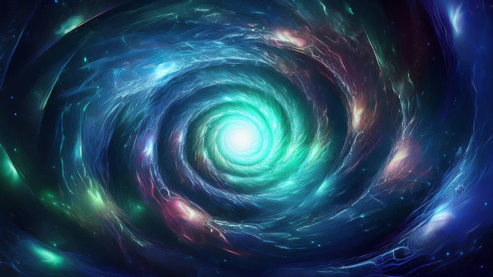 Abstract art of a swirling vortex of light fragments being pulled into a bright singularity.