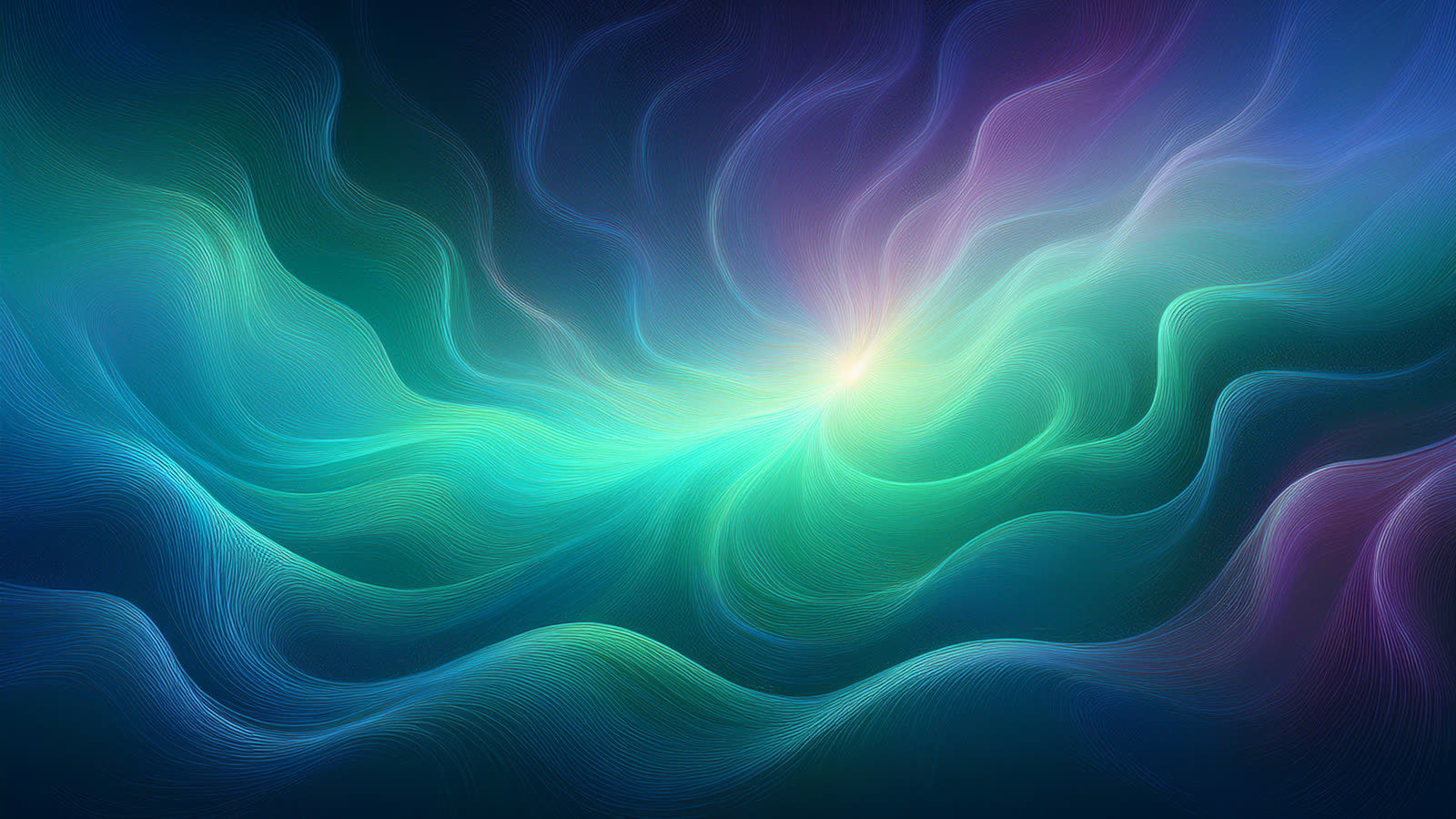 Abstract art of slow aurora-like waves of blue and green light drifting across a deep void, with one small steady point of light pulsing at the center.