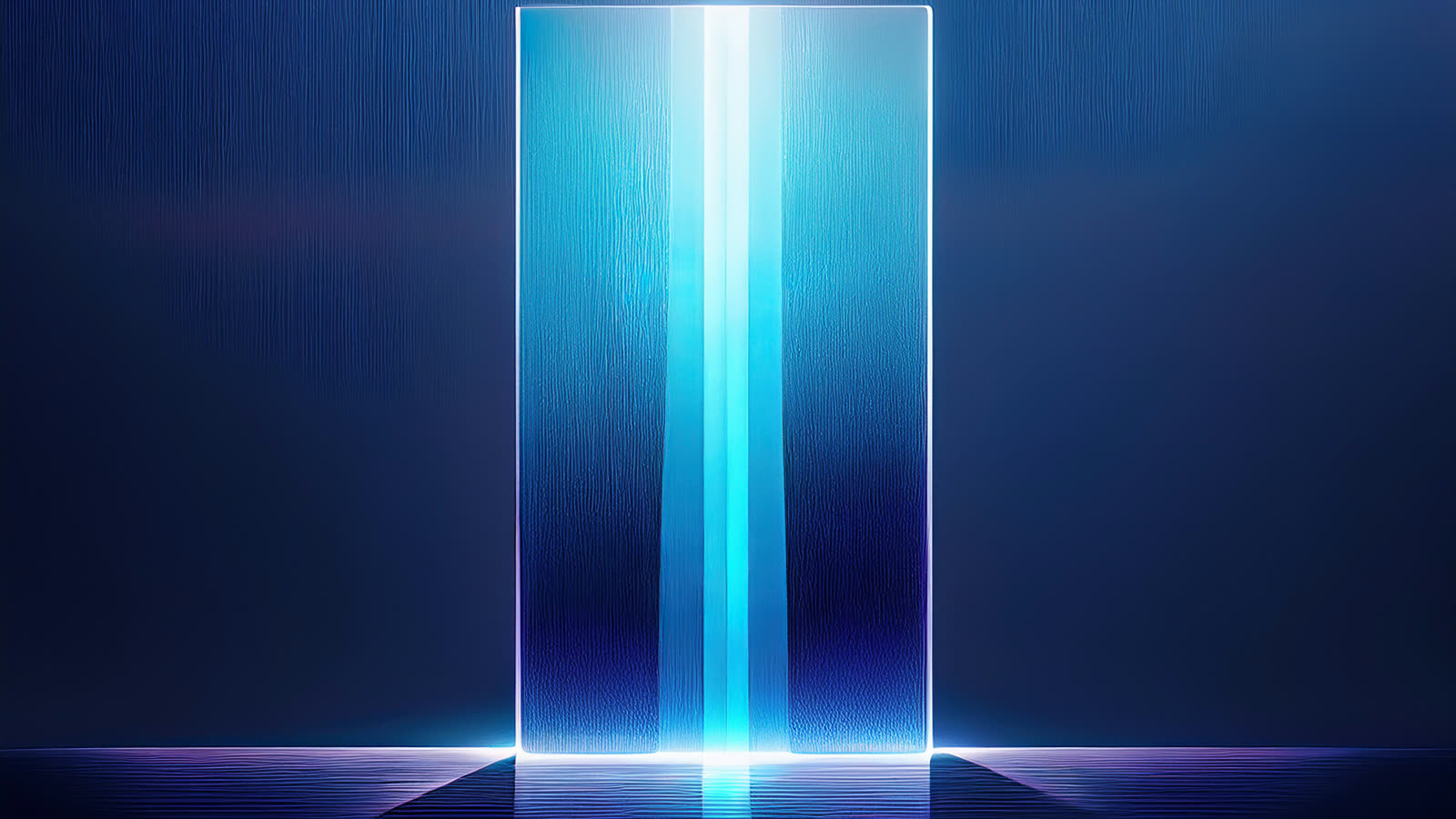 Abstract art of a vertical shaft of periwinkle-blue light interrupted by a translucent frosted glass plane.