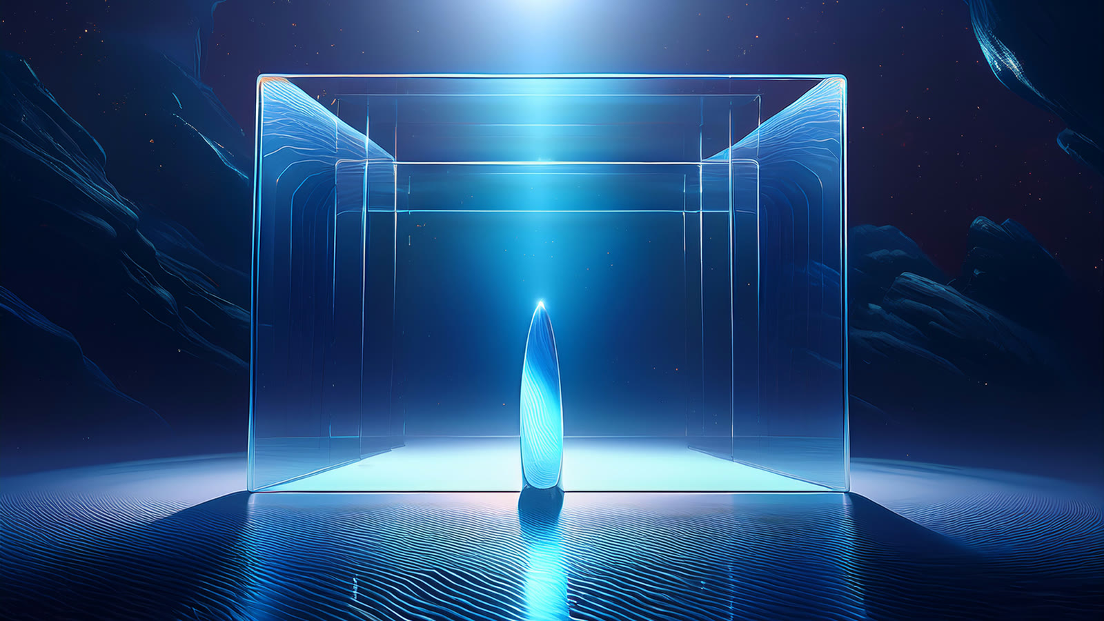 Abstract art of a glowing glass threshold standing in deep space, with a single steady point of light hovering before it.